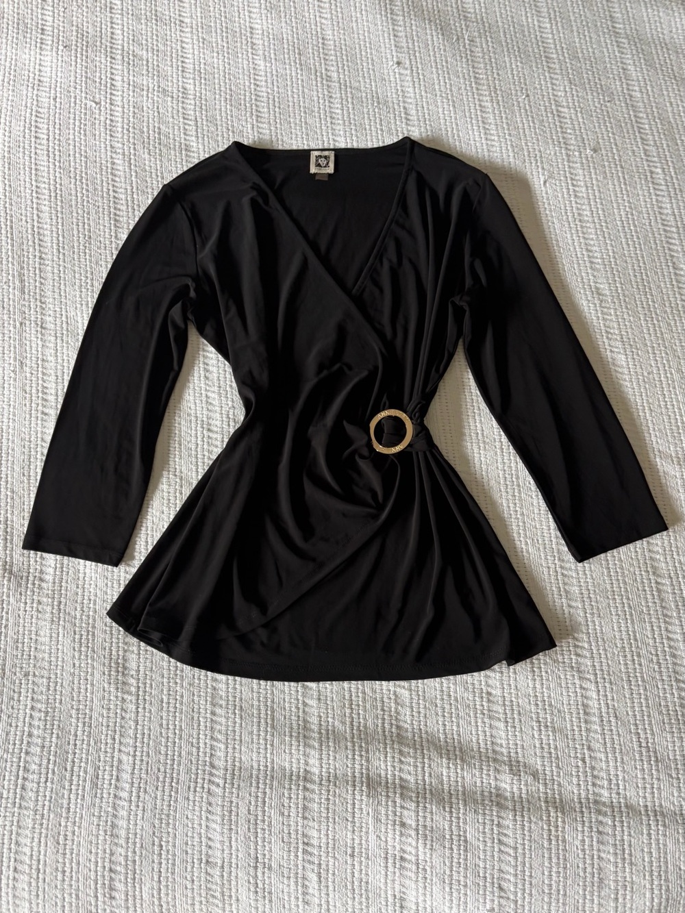 Anne Klein Black Faux Wrap Top with O-Ring Detail Size Large